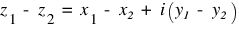 z_1 ~ - ~ z_2 ~ = ~ x_1 ~ - ~x₂ ~ + ~ i(y₁ ~ - ~ y₂)